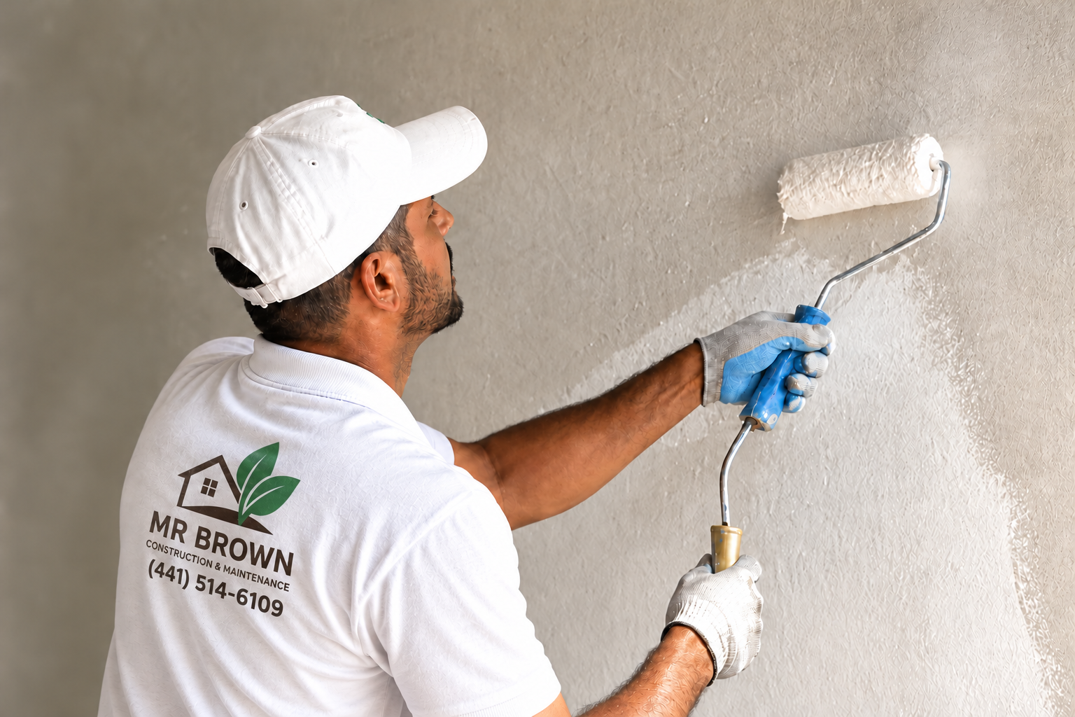 Illustration of interior painting with a worker wearing a Mr Brown branded shirt.