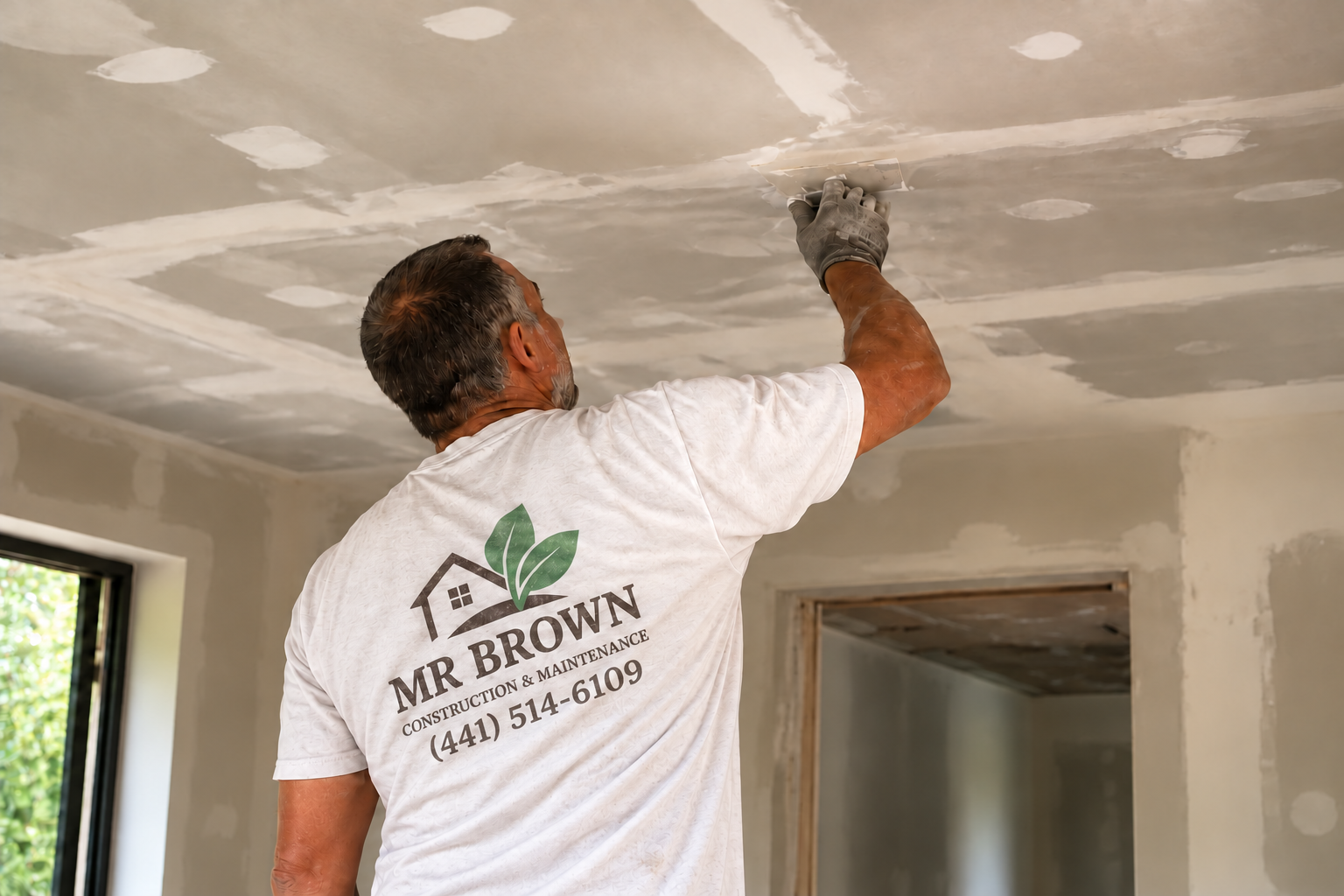 Illustration of ceiling renovation with a worker wearing a Mr Brown branded shirt.